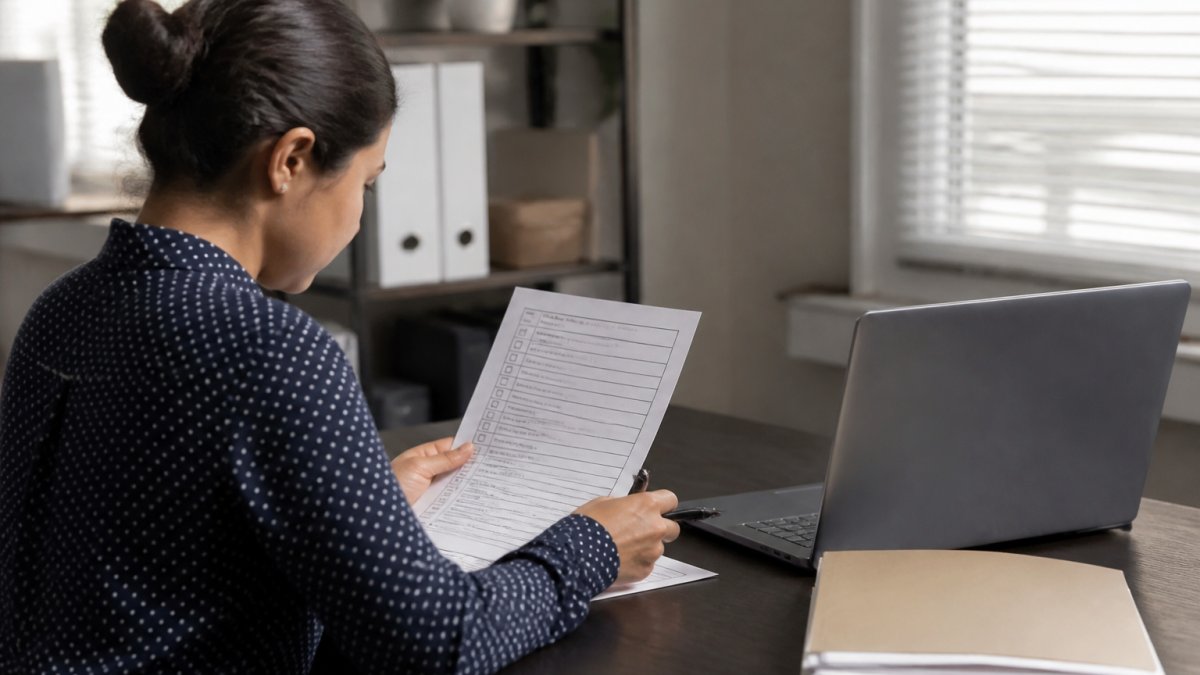 A property manager at a desk reviewing a printed rental application and checklist beside a laptop, with a folder of supporting documents nearby