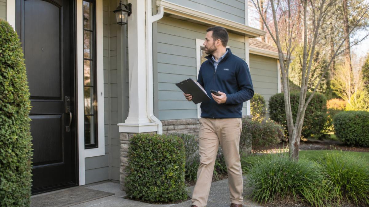 A property manager in business casual attire walking a single-family rental home exterior with a clipboard and smartphone, checking the front door and landscaping during a routine property inspection on a clear day